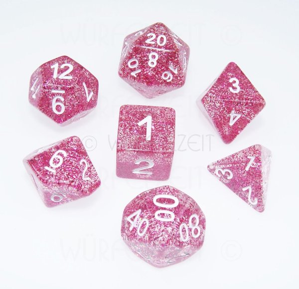 Würfelzeit Polyset Glitter pink m/weiss (7 Würfel)