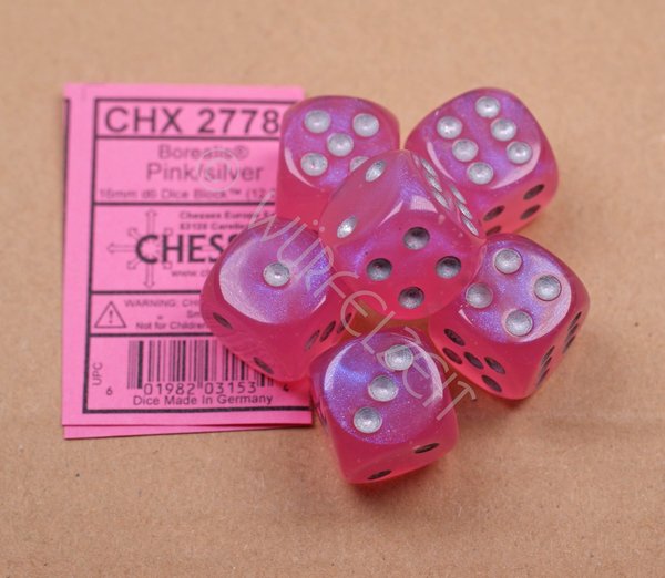 Chessex w6 16 mm Borealis Pink w/silver (1 Augenwürfel)
