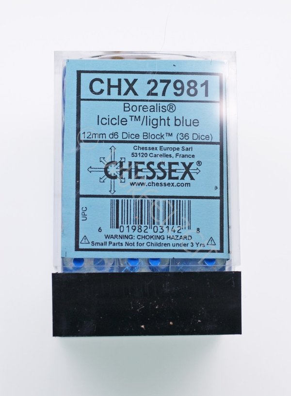 Chessex w6 12 mm Borealis Icicle w/light blue  (36 Würfel)