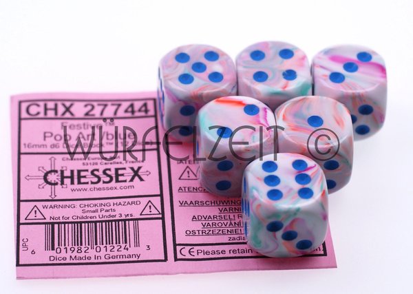 Chessex w6 16 mm Festive Pop Art w/blue  (1 Würfel mit Augen)