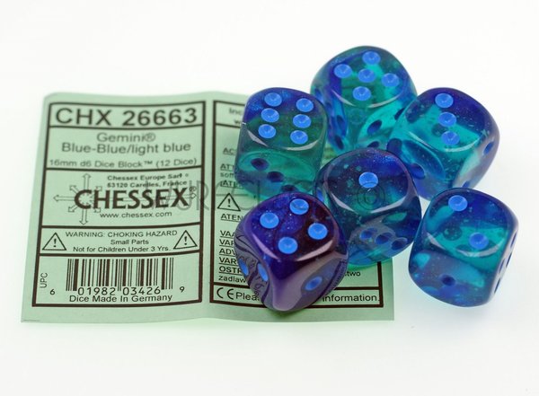 Chessex W6 16 mm Gemini (TM) Blue-Blue/light w/blue  (1 Augenwürfel)