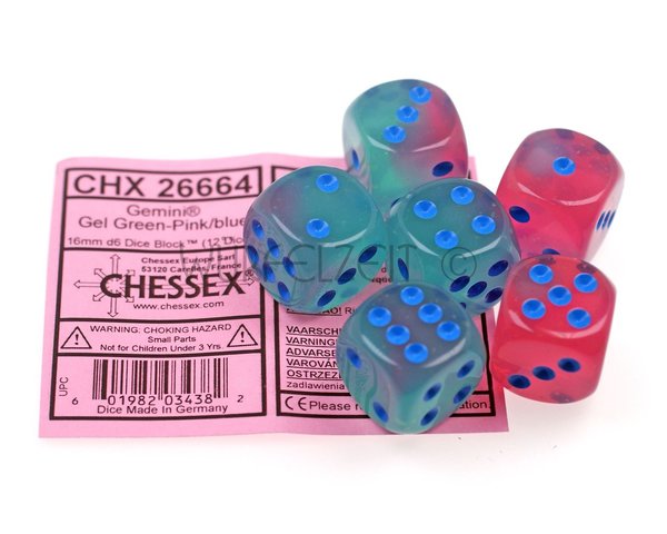 Chessex W6 16 mm Gemini (TM) Gel Green-Pink w/blue  (1 Augenwürfel)