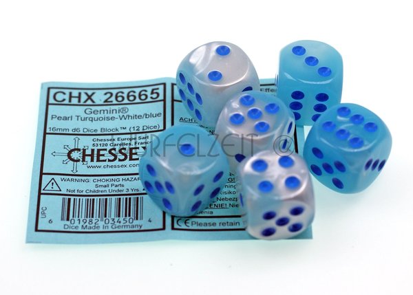 Chessex W6 16 mm Gemini (TM) Pearl Turquoise-White w/blue  (1 Augenwürfel)