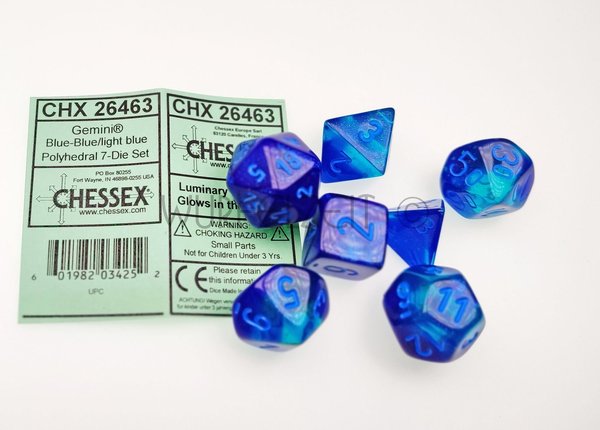 Chessex Würfelset Gemini Blue-Blue w/lightblue (7 Würfel mit Zahlen)